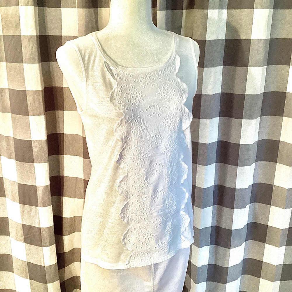 Talbots White Scoop-neck Shell with Eyelet Appliqué Front